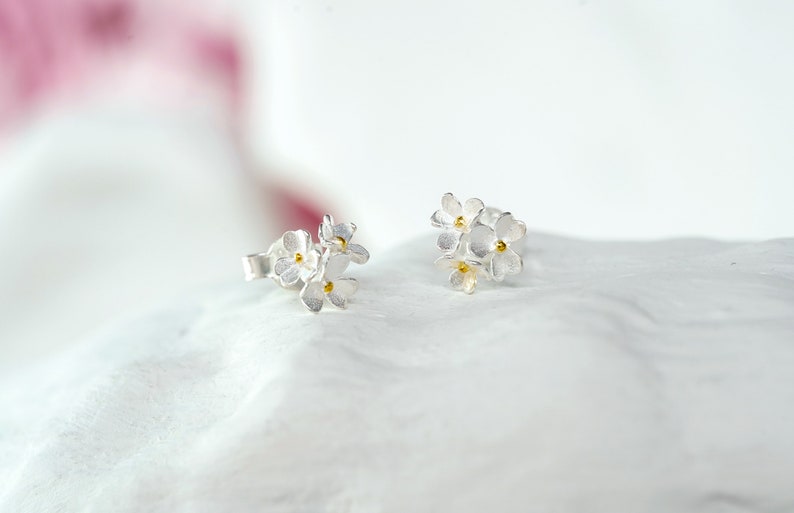 Two Flowers Sterling Silver Studs With Gold Pips, Flower Stud Earrings, Mixed Metal Jewellery image 4