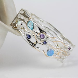 Handcrafted Silver Multi Gemstone Bangle with Blue Topaz, Fire Opal, Iolite and Amethyst, Statement Bangle, Ethereal, Birthstone Bracelet