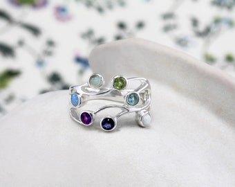 Sterling Silver and Semi-Precious Gemstone Ring, Multi-Gemstone Ring, Amethyst, Moonstone, Opals, Iolite, Peridot, Blue Topaz Statement Ring