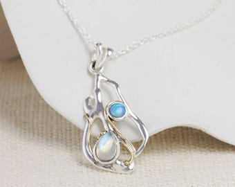 Handgemaakte sterlingzilveren opaal en maansteen hanger ketting