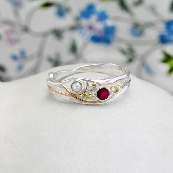 Sterling Silver Pearl and Ruby Ring, Pearl Ring, Organic, Handcrafted Gift, July Birthstone Gift, Sterling Silver, Handmade Ring