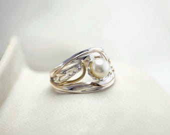 Freshwater Pearl Sterling Silver Ring: Handmade Statement Jewelry Art Nouveau Style