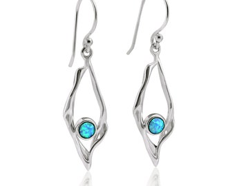 Handmade Blue Opal Earrings set in Organic Diamond Setting, Blue Fire Opal Earrings, Dangle Earrings, Coastal Style