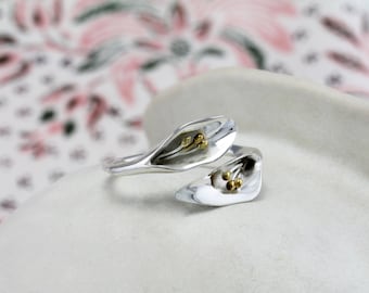 Adjustable Calla Lily Silver Ring, Adjustable Ring, Flower Ring, Garden Lover, Floral Rings, Silver and Gold, Statement Rings