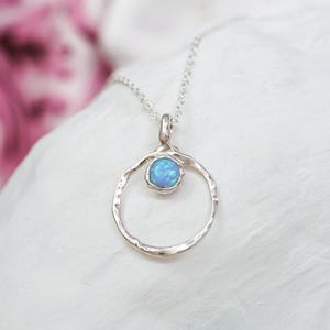 Silver Opal Necklace, Organic Circle with Vibrant Blue Fire Opal Pendant, Minimalist Jewellery, Sterling Silver Necklace, Handmade Pendant