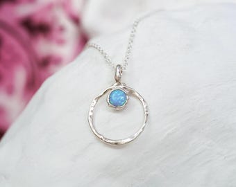 Silver Opal Necklace, Organic Circle with Vibrant Blue Fire Opal Pendant, Minimalist Jewellery, Sterling Silver Necklace, Handmade Pendant
