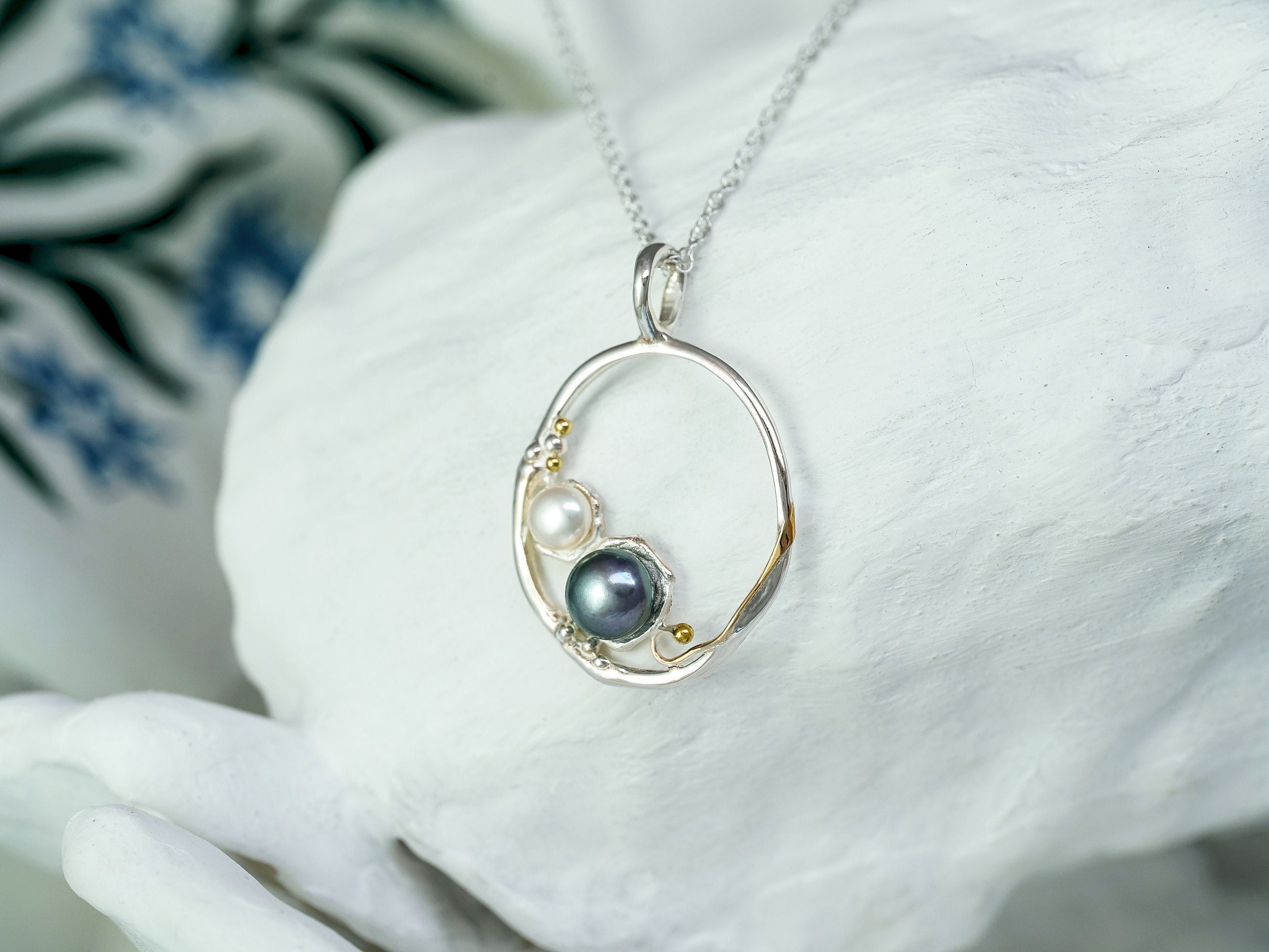 Pearl Necklace, Organic Pearl Duo Pendant, Organic Jewelry, Freshwater Pearl, Black Pearl Pendant, Handmade Necklace,Sterling Silver Pendant