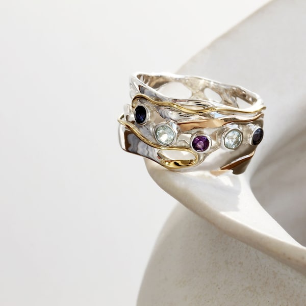 Blue Topaz, Iolite, and Amethyst Statement Ring with 14kt Gold Details, Gemstone Ring, December Birthstone Ring, Handmade Ring