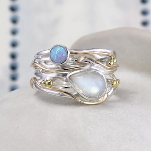Handmade Moonstone Opal Ring: Sterling Silver, 14KT Gold Detail, Statement