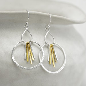 Silver and Gold Earrings, Mixed Metal Earrings, Textured Sterling Silver Earrings, Drop Earrings, Hook Earrings, Handmade Earrings