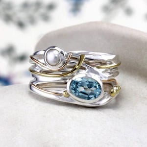 Handmade Blue Topaz Pearl Ring: Sterling Silver Gold Detail