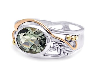 Sterling Silver and Green Amethyst Handmade Leaf Design Ring