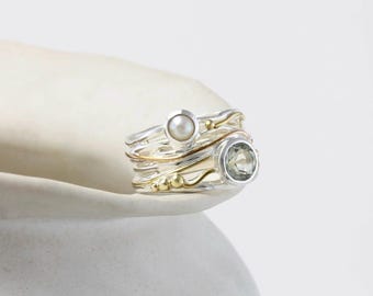Gemstone Ring, Handmade Green Amethyst & Freshwater Pearl Ring, Statement Ring, Organic Jewellery, Pearl Ring, August Birthstone Ring