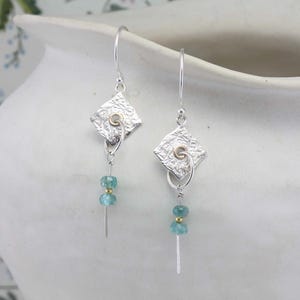 Apatite Drop Earrings, Earrings with Textured Silver and Apatite, Artistic Jewellery, Apatite Earrings, Handmade Earrings, Sterling Silver