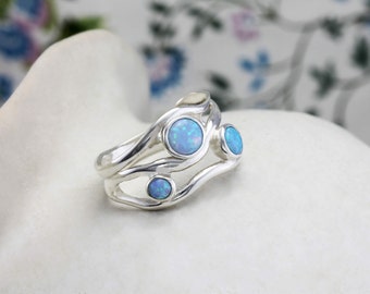Handmade Glorious Three Blue Fire Opal Gemstone Ring, Statement Ring, Ocean Lover Jewellery, Coastal Style, Opal Ring, October Birthstone