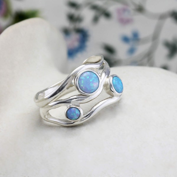 Handmade Glorious Three Blue Fire Opal Gemstone Ring, Statement Ring, Ocean Lover Jewellery, Coastal Style, Opal Ring, October Birthstone