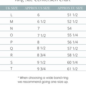 May include: A ring size conversion chart showing UK ring sizes, corresponding approximate US ring sizes, and approximate EU ring sizes. The chart includes sizes L through T, with corresponding US sizes 6 through 9 3/4, and EU sizes 51 1/2 through 61 1/2.