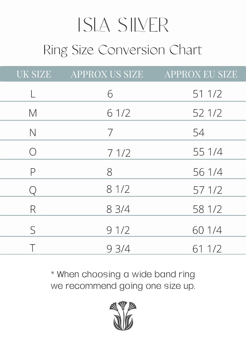 May include: A ring size conversion chart showing UK ring sizes, corresponding approximate US ring sizes, and approximate EU ring sizes. The chart includes sizes L through T, with corresponding US sizes 6 through 9 3/4, and EU sizes 51 1/2 through 61 1/2.
