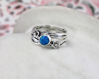 Handmade Multi-Banded Blue Opal and Flower Ring, Opal Ring, Sterling Silver Jewellery, Floral, Creative Statement Ring