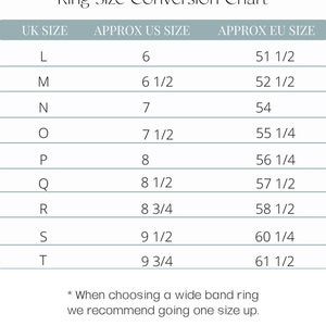 May include: A ring size conversion chart from Isla Silver. The chart includes UK, US, and EU ring sizes. The chart shows UK sizes L through T, with corresponding US and EU sizes. The text at the bottom recommends sizing up for wide band rings.