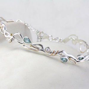 Pearl and Topaz Bracelet, Riviera Blue Topaz and Freshwater Pearl Bracelet, June Birthstone, Handmade Bracelet, Sterling Silver Bracelet