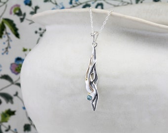 Handmade Flowing Silver Pendant with Blue Topaz and 14kt Gold Details, Blue Topaz Necklace, Topaz Jewellery, Organic Necklace, Art Jewellery