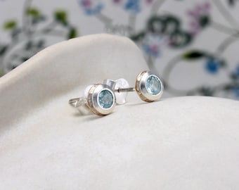 Handmade Sterling Silver Blue Topaz Stud Earrings with 14kt Gold, Blue Topaz Earrings, Topaz Jewellery, December Birthstone Earrings