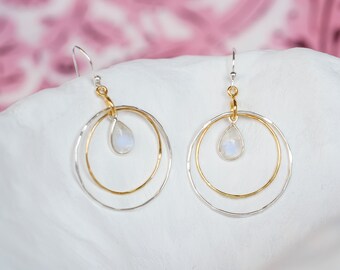 Silver and Gold Rainbow Moonstone Hoop Earrings, Moonstone Earrings, Moonstone Jewelry, Drop Hoop, Two Tone Earring