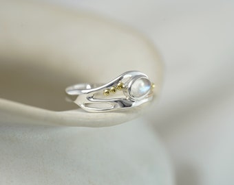 Rainbow Moonstone Sterling Silver Ring with 14KT Gold Details