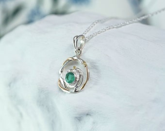 Silver Emerald Necklace, Circular Silver and Gold Necklace, Gemstone Necklace, May Birthstone, Sterling Silver Necklace, Handmade Pendant