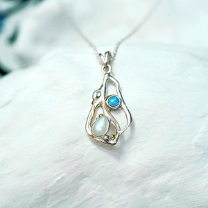 Gemstone Necklace, Handmade Rainbow Moonstone and Blue Opal Pendant, Opal Pendant, Moonstone Necklace, Organic Jewellery, Handmade Necklace