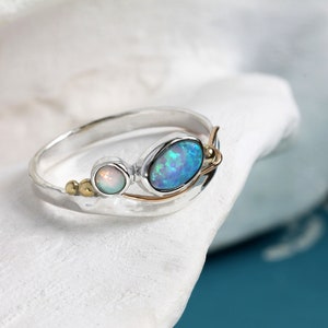 Handmade Opal Sterling Silver Ring: Gold Detail, Opalite, Dainty Band