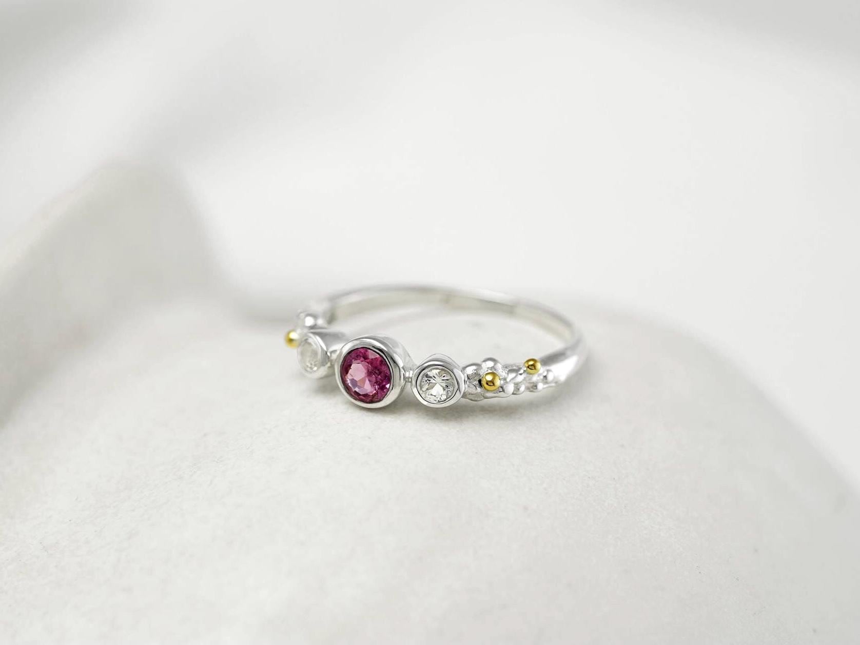 Bague Turque En Argent 925 Avec Topaze Bleue, Rubellite Rose Et Topaze Blanche - Taille 7