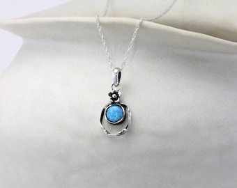 Sterling Silver Opal Necklace: Blue Fire Opalite Flower Pendant