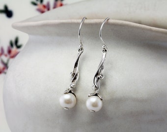 Handmade Art Nouveau Inspired Pearl Drop Earrings, Pearl Jewellery, Bridal Jewellery, Pearl Earrings