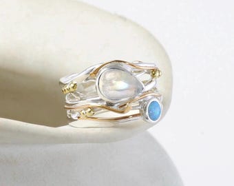 Handmade Moonstone Opal Ring: Sterling Silver, 14KT Gold Detail, Statement