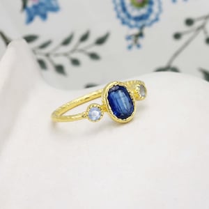 Gold Gemstone Ring, Handmade Kyanite and Blue Chalcedony Ring, Handmade Ring, March Birthstone, Gold Vermeil, Kyanite Ring, Artisan Ring