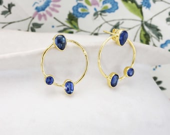 Handmade Kyanite Trinity Stud Earrings, 18kt Gold Earrings For Her, Blue Gemstone Earrings, Statement Earrings, Special Occasion Earrings