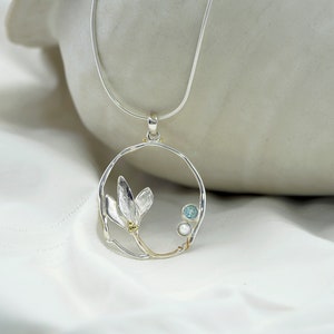 Topaz and Pearl Necklace, Riviera Freshwater Pearl and Blue Topaz Pendant, Sterling Silver Necklace, Flower Pendant, Handmade Necklace