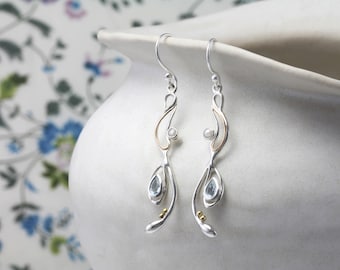 Blue Topaz Pearl Drop Earrings: Sterling Silver Art Nouveau Style