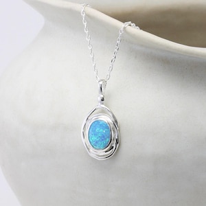 Silver Opal Necklace, Spiral Silver Pendant with Blue Fire Opal, October Birthstone Necklace, Handmade Necklace, Sterling Silver Pendant