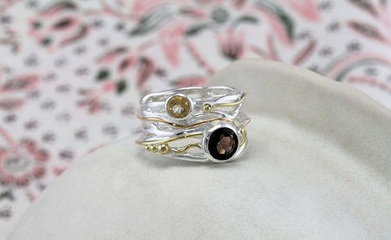 Smoky Quartz Citrine Statement Ring With 14kt Gold Citrine Ring