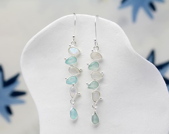Rainbow Moonstone & Aqua Chalcedony Sterling Silver Drop Earrings, Dangle