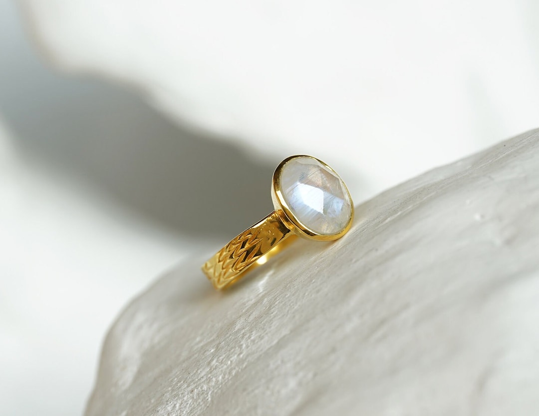 Moonstone Ring, Rainbow Moonstone Gold Ring, 18KT Gold Vermeil