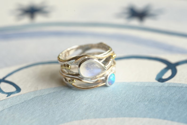 Handmade Rainbow Moonstone and Fire Opal Statement Ring with 14kt Gold, Moonstone Ring, June Birthstone Ring, Beach Jewellery, Coastal Style image 4