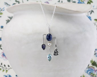 Handmade Kyanite, Iolite, Pearl, and Blue Topaz Contemporary Gemstone Necklace, Artist Jewellery, Statement Necklace, Designer Necklace