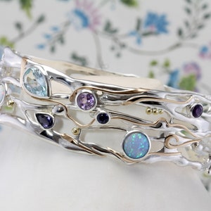 Handcrafted Silver Multi Gemstone Bangle with Blue Topaz, Fire Opal, Iolite and Amethyst, Statement Bangle, Ethereal, Birthstone Bracelet