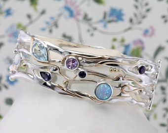 Handcrafted Silver Multi Gemstone Bangle with Blue Topaz, Fire Opal, Iolite and Amethyst, Statement Bangle, Ethereal, Birthstone Bracelet