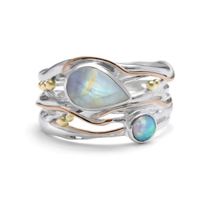 Handmade Rainbow Moonstone and Fire Opal Statement Ring with 14kt Gold, Moonstone Ring, June Birthstone Ring, Beach Jewellery, Coastal Style image 2