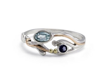 Gentle Flowing Handmade Ring with Blue Topaz, Iolite and 14kt Gold Details, Blute Topaz Rings, Gemstone Rings for Women, Dainty Jewellery